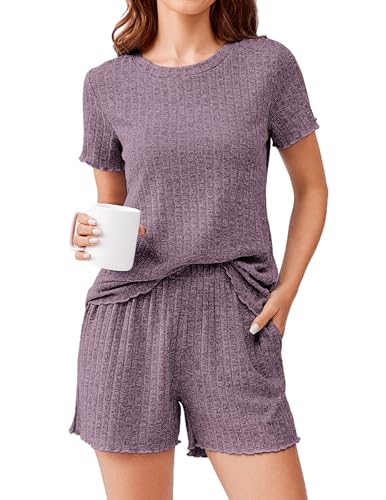 Ekouaer Pajamas Sets for Women Ribbed Knit Lounge Sets Soft Short Sleeve Floral Hems Pjs Casual Sleepwear Set 0 belly baby and beyond