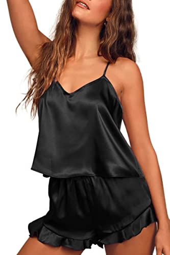 Ekouaer Satin Pajama Set for Women Silk Pjs for Women Set Camisole Top and Shorts with Ruffle Sleepwear 0 belly baby and beyond