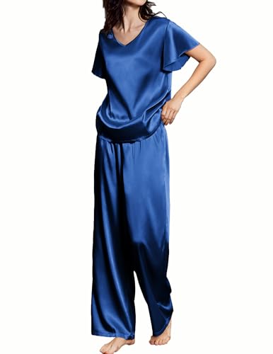 Ekouaer Silk Pajamas Satin 2 Piece Short Sleeve Top and Long Pants Pj Sets Silky Sleepwear Loungewear for Women 0 belly baby and beyond