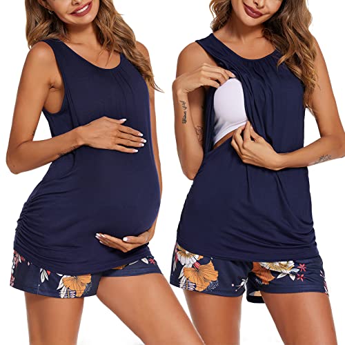 Ekouaer Women Maternity Nursing Pajama Set Breastfeeding Double Layer Pregnancy Pjs Set Sleeveless Top Shorts with Pockets 0 belly baby and beyond