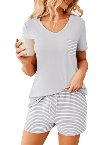 Ekouaer Women Pajama Sets 2 Piece Lounge Sets Short Sleeve Casual V Neck Summer Sleepwear PJS 0 belly baby and beyond
