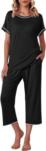 Ekouaer Womens Capri Pajama Sets Floral Print Short Sleeve Sleepwear Top and Capri Pants 2 Piece Loungewear with Pockets 0 belly baby and beyond