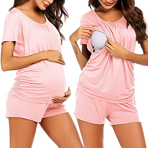 Ekouaer Womens Maternity Nursing Pajamas Set Breastfeeding Sleepwear Double Layer Short Sleeve Top Shorts Pregnancy PJS 0 belly baby and beyond