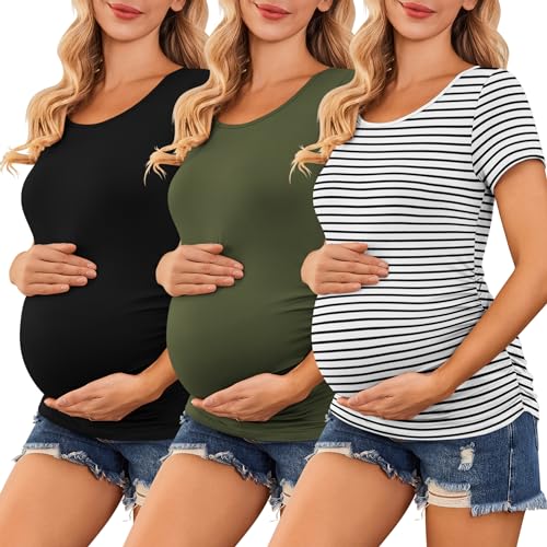 Ekouaer Womens Maternity Shirts 3 Packs Side Ruched Pregnancy Tee Top Tunic Blouse Casual Mama Clothes S XXL 0 belly baby and beyond