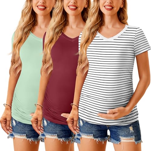 Ekouaer Womens Maternity Shirts 3 Packs V Neck Tops Tunic Pregnancy Clothes Side Ruched Short Sleeve Casual T Shirt S XXL 0 belly baby and beyond