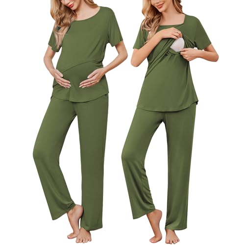 Ekouaer Womens Nursing Pajamas Maternity Pajama Postpartum PJS Breastfeeding Short Sleeve Top Pants Sets with Pockets 0 belly baby and beyond