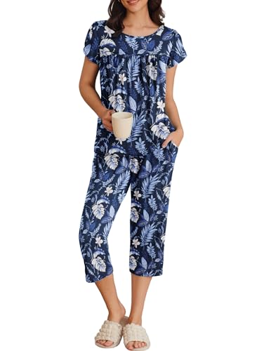 Ekouaer Womens Pajama Set Short Sleeve Sleepwear Pleated Floral Pjs Set Capri Pants Lounge Sets with Pockets S XXL 0 belly baby and beyond