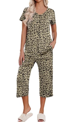 Ekouaer Womens Pajama Sets Short Sleeve Sleepwear Button Up Pj Loungewear Top and Capri Pants with Pockets 0 belly baby and beyond