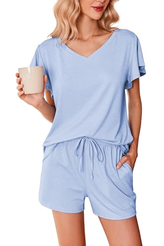 Ekouaer Womens Pajamas Set Ruffle Sleeves Sleepwear V Neck Comfy 2 Piece Pjs Loungewear Set with Pockets S XXL 0 belly baby and beyond