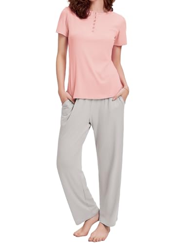 Ekouaer Womens Pajamas Sets Soft Ribbed Knit PJs Short Sleeve Sleepwear Sets Button Plaid Lounge Set 0 belly baby and beyond