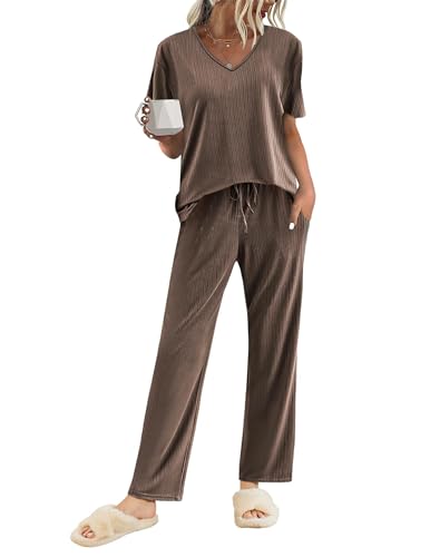 Ekouaer Womens Ribbed Knit Lounge Set Short Sleeve Top and Long Pants Sleepwear Pajama Set Two Piece Matching Outfits Set 0 belly baby and beyond