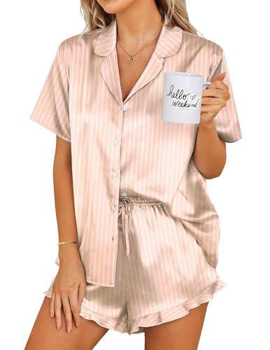 Ekouaer Womens Satin Pajamas Set Button Down 2 Piece Silk Pjs Shorts Set Ruffle Lingerie Notch Collar Sleepwear S XXL 0 belly baby and beyond