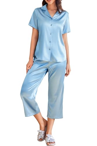 Ekouaer Womens Satin Pajamas Silk Capri Pjs 2 Piece Lounge Sets Short Sleeve Button Down Sleepwear 0 belly baby and beyond