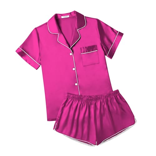 Ekouaer Womens Silk Satin Pajamas Short Sleeve Sleepwear Soft Button Down Loungewear 2 Piece PJS Shorts Set S XXL 0 belly baby and beyond