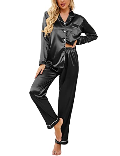 Ekouaer Womens Summer Classic Button Down Long Satin Silk Pajama Set 0 belly baby and beyond