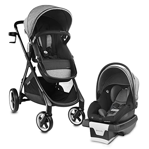 Evenflo Gold Shyft Travel Smart Infant System Stroller with SecureMax Baby Car Seat with Deep Storage Basket and SensorSafe Moonstone Grey and Black 0 belly baby and beyond