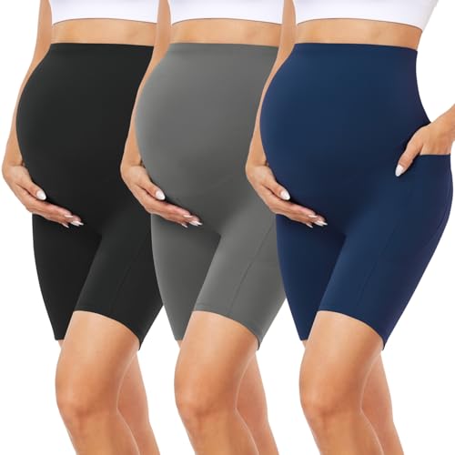 FULLSOFT 3 Pack Maternity Shorts Over Belly 8 Pregnancy Biker Shorts with Pockets High Waisted Active Pregnant Pants 0 belly baby and beyond