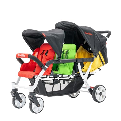 Familidoo H3E 3 Seat Baby Stroller Double Canopy Triplet Stroller with Reclining Seats Daycare Strollers for 3 Kids Safety Harness for Safe and Secure Travel For 6 months to Toddler Age 1 to 5 0 belly baby and beyond