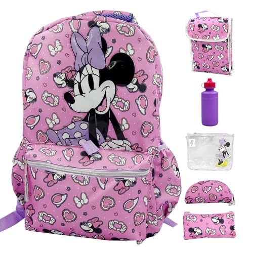 Fast Forward Minnie Mouse Backpack with Lunch Box 16 inch 6 Piece Set Minnie Mouse Bookbag Perfect for Back to School Elementary Age Girls 0 belly baby and beyond