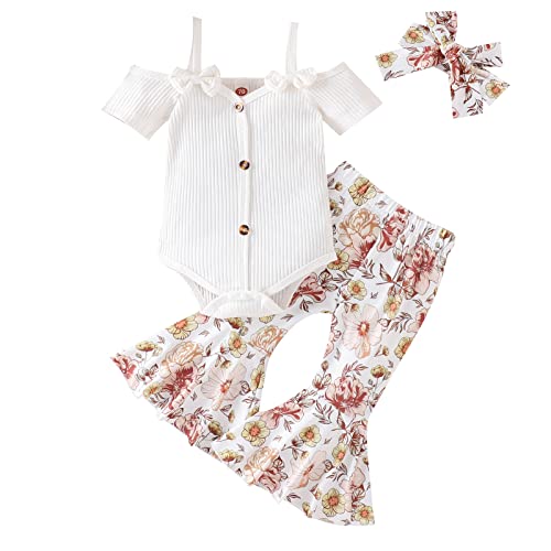 Fernvia Infant Baby Girl Clothes Suspenders Short Sleeve Ribbed Romper Flared Pants Set Headband 3pcs Summer Outfit 0 belly baby and beyond