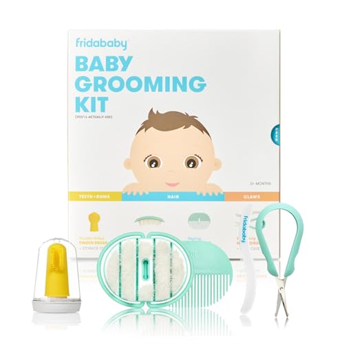 Frida Baby Grooming Kit Baby Essentials Gift Set Includes Finger Brush with Storage Stand Hair Brush with Case Styling Hair Comb Easy Grip Nail Scissors with Nail File and Case 0 belly baby and beyond