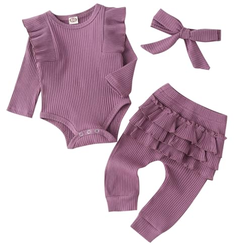 Fullfamous Baby Girls 3pc Rib Frill Long Sleeve Romper and Pant Set 0 belly baby and beyond