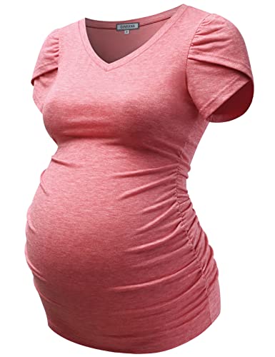 GINKANA Maternity Tops Short Petal Sleeve Tshirt V Neck Tee Ruched Sides Shirts Casual Basic Tunic Pregnancy Tshirt Blouse 0 belly baby and beyond