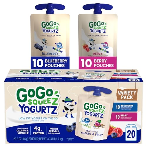 GoGo squeeZ yogurtZ Variety Pack Blueberry Berry 3 oz Pack of 20 Kids Snacks Made from Real Yogurt and Fruit No Fridge Needed Gluten Free Nut Free Recloseable Cap BPA Free Pouches 0 belly baby and beyond