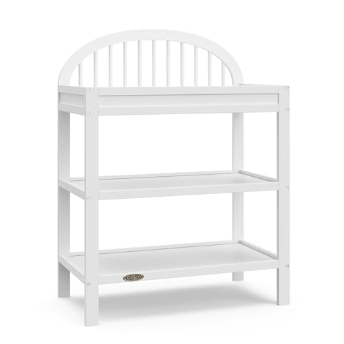 Graco Olivia Changing Table with Water Resistant Changing Pad White GREENGUARD Gold Certified Includes Bonus Water Resistant Changing Pad with Safety Strap 2 Open Shelves Stylish Design 0 belly baby and beyond