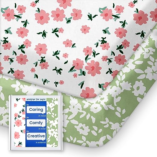Graco Pack N Play Sheets Fitted TotBasic Buttery Soft Portable Crib Sheets Super Stretchy Jersey Cotton Pack and Play Sheet Mini Crib Sheets Floral 2 Pack Playard Sheets Cute Flower Green Pink 0 belly baby and beyond