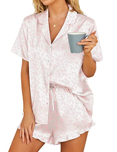 HOTOUCH Womens Satin Pajamas Set Button Down 2 Piece Silk Pjs Shorts Set Ruffle Lingerie Notch Collar Sleepwear 0 belly baby and beyond
