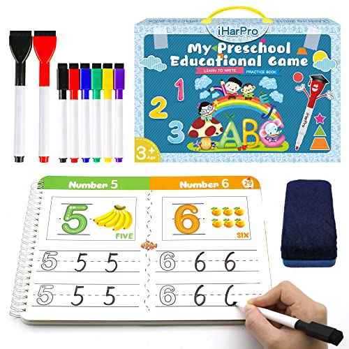 Handwriting Practice Book for kids Toddlers Preschool Learning Activity 40 Pages Autism Educational Montessori Toys Learn Number Letters Shapes Animal Sight Words Workbook with 8 Dry Erase Markers 0 belly baby and beyond