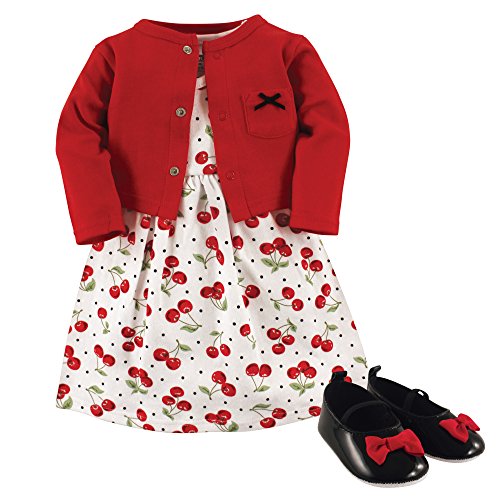 Hudson Baby baby girls Cotton Dress Cardigan and Shoe Set 0 belly baby and beyond
