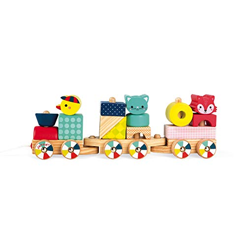 Janod Baby Forest Wooden Train Pull along toy 17 Blocks Included Learning Shapes and Colours Developing Fine Motor Skills from 1 Year Old J08022 0 belly baby and beyond