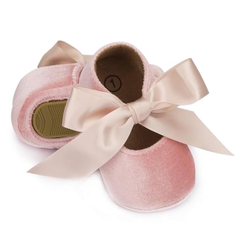 KIDSUN Infant Baby Girls Mary Jane Shoes Non Slip Rubber Sole Ballet Slippers Princess Dress Wedding Shoes Newborn Crib Shoes First Walkers Shoes 0 belly baby and beyond