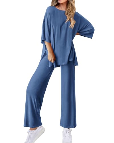 KIRUNDO Womens 2 Piece Outfits Lounge Set 2024 Casual Loose Short Sleeve Knit Pullover Tops and Wide Leg Pants Tracksuits 0 belly baby and beyond