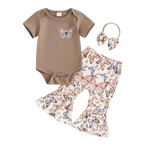 Karuedoo Newborn Baby Girl Summer Outfits Butterfly Print Short Sleeve Romper Flared Pants Headband 3Pcs Infant Clothes Set 0 belly baby and beyond