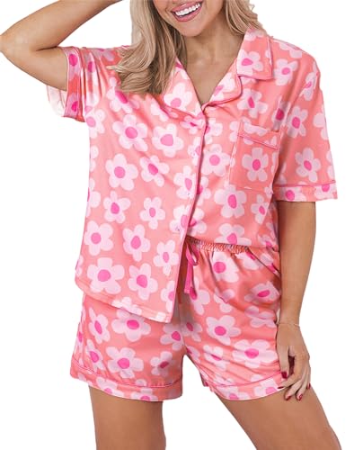 KevaMolly Womens Pajama Sets Pink Flower Print Buttoned Drawstring Waist Lounge Set Short Sleeve Top and Shorts 0 belly baby and beyond