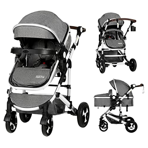 Kinder King 3 in 1 Reversible Baby Stroller wDetachable Tray Convert to Newborn Bassinet Pram Folding Infant Carriage for Toddler Adjustable Canopy Handle Aluminum Alloy Suspension Wheels 0 belly baby and beyond