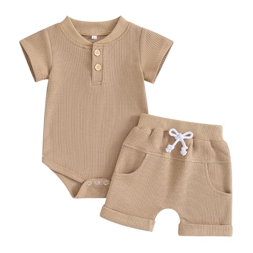 Kuriozud Newborn Baby Boy Summer Clothes Button Short Sleeve Romper Bodysuit Shorts Set Toddler Soft Waffle Outfit 0 belly baby and beyond