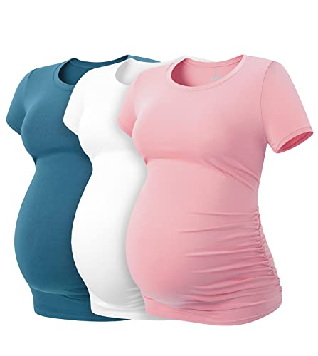 LAPASA Womens Maternity Shirts Tops Short Sleeve 1 or 3 Pack Side Ruched Modal Cotton Pregnancy Tshirt Crew Neck Tees L55 0 belly baby and beyond