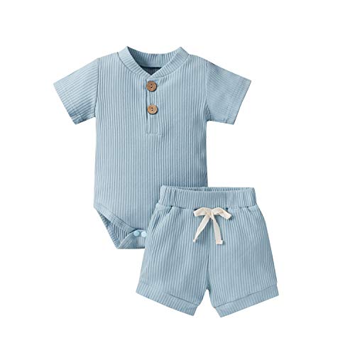 Ledy Champswiin Summer Newborn Baby Boy Girl Clothes Set Ribbed Outfits Unisex Infant Solid Short Sleeve Tops Shorts 2PCS 0 belly baby and beyond