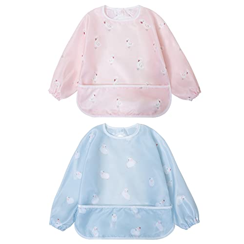 Little Dimsum Mess Proof Baby BibsInfant Toddler Long Sleeve Waterproof Feeding Art SmockCatching Food Wipe Clean Pack of 2 Colors Ducksheep 0 belly baby and beyond