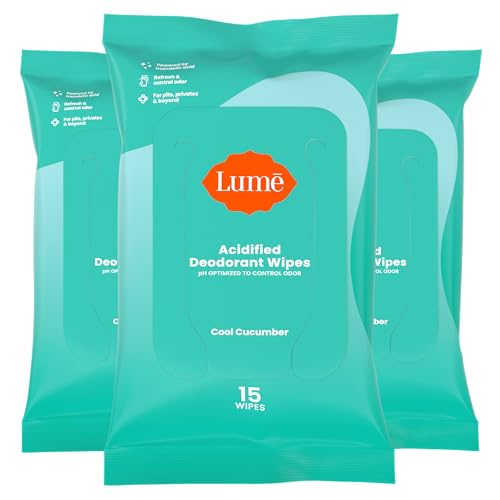 Lume Acidified Deodorant Wipes 24 Hour Odor Control Aluminum Free Baking Soda Free Skin Loving Flushable 15 Count Pack of 3 Cool Cucumber 0 belly baby and beyond