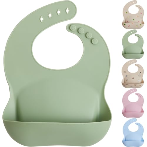 MIGHTY MONKEY Extra Deep Pocket Waterproof Silicone Feeding Baby and Toddler Bib BPA Free Bibs for Boy Girl Adjustable Mess Free Eating and Drinking Essentials Drooling Teething Babies Sage 0 belly baby and beyond