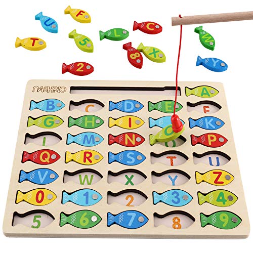 Magnetic Wooden Fishing Game Toy for Toddlers Alphabet Fish Catching Counting Games Puzzle with Numbers and Letters Preschool Learning ABC Math Educational Toys 3 4 5 Years Old Girl Boy Kids 0 belly baby and beyond