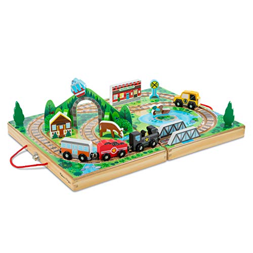Melissa Doug 17 Piece Wooden Take Along Tabletop Railroad 3 Trains Truck Play Pieces Bridge FSC Certified 0 belly baby and beyond