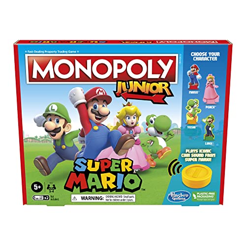 Monopoly Junior Super Mario Edition Board Game Fun Kids Ages 5 and Up Explore The Mushroom Kingdom as Mario Peach Yoshi or Luigi Amazon Exclusive 0 belly baby and beyond
