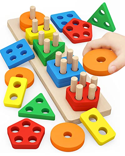 Montessori Toys for 1 to 3 Year Old Boys Girls Toddlers and Kids Preschool Wooden Sorting Stacking Educational Toys Color Recognition Stacker Shape Sorter Learning Puzzles Gift 0 belly baby and beyond