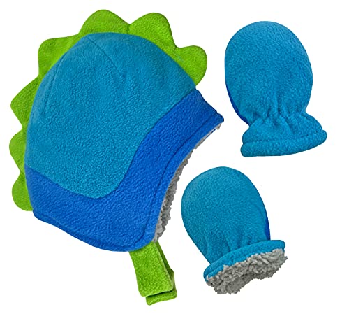 NIce Caps Toddler Baby Hat Mitten Set Boys Dino Fleece Gloves Warm Sherpa Lined 0 belly baby and beyond